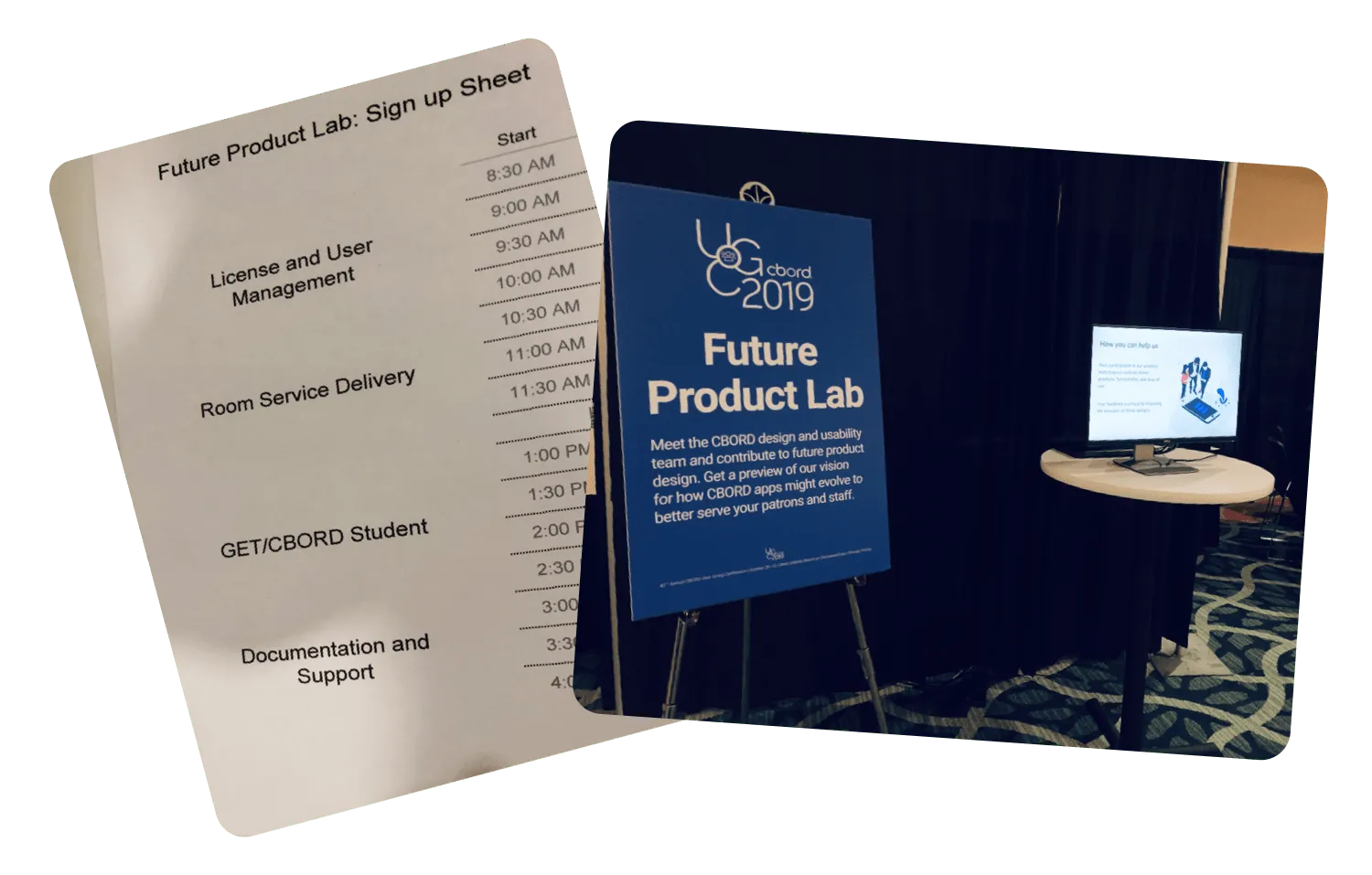 Photo of the sign up sheet and photo of the usability testing booth at UGC 2019
